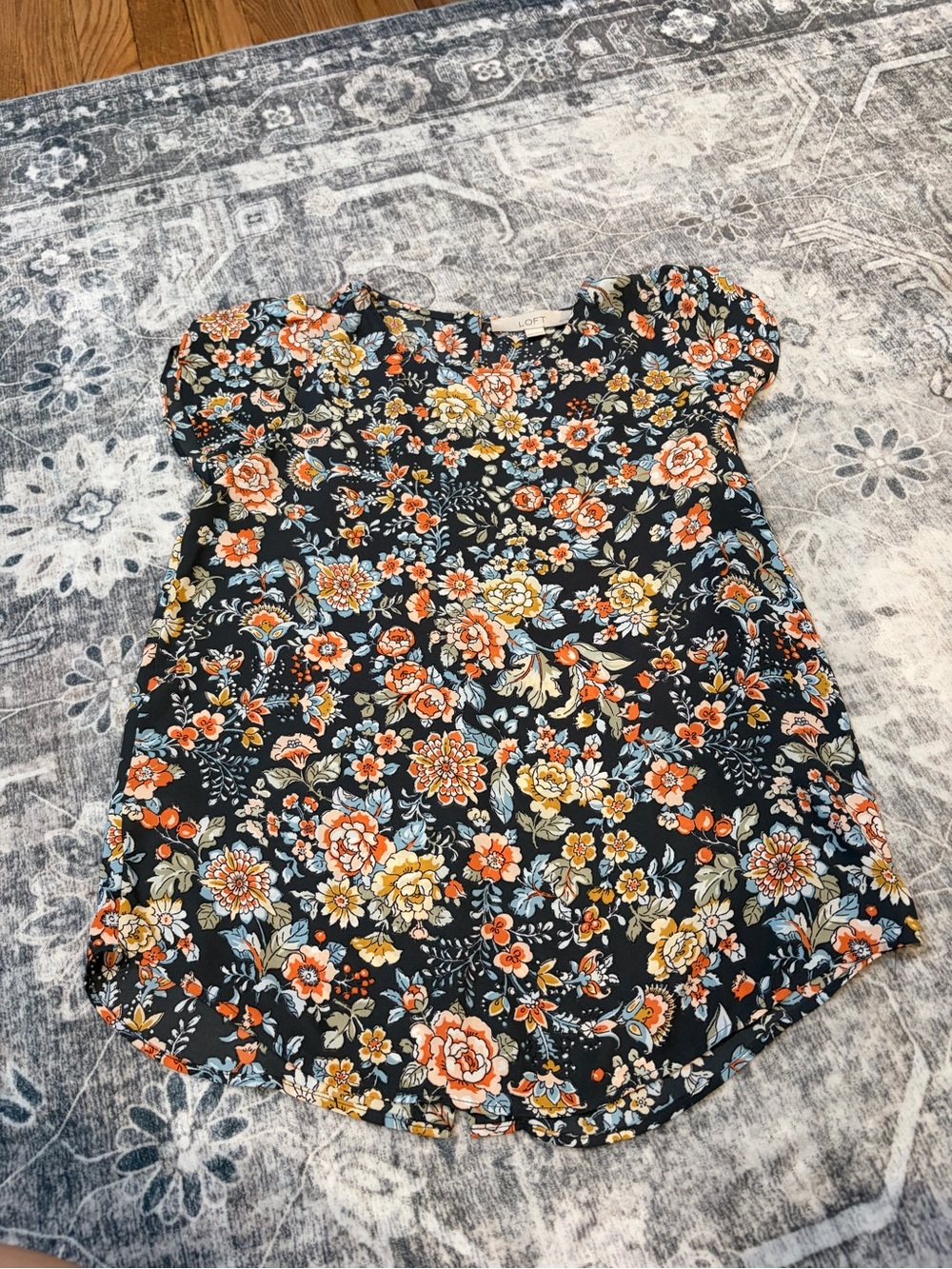 LOFT Navy Floral Puff-Sleeve Top with Orange & Yellow Blooms